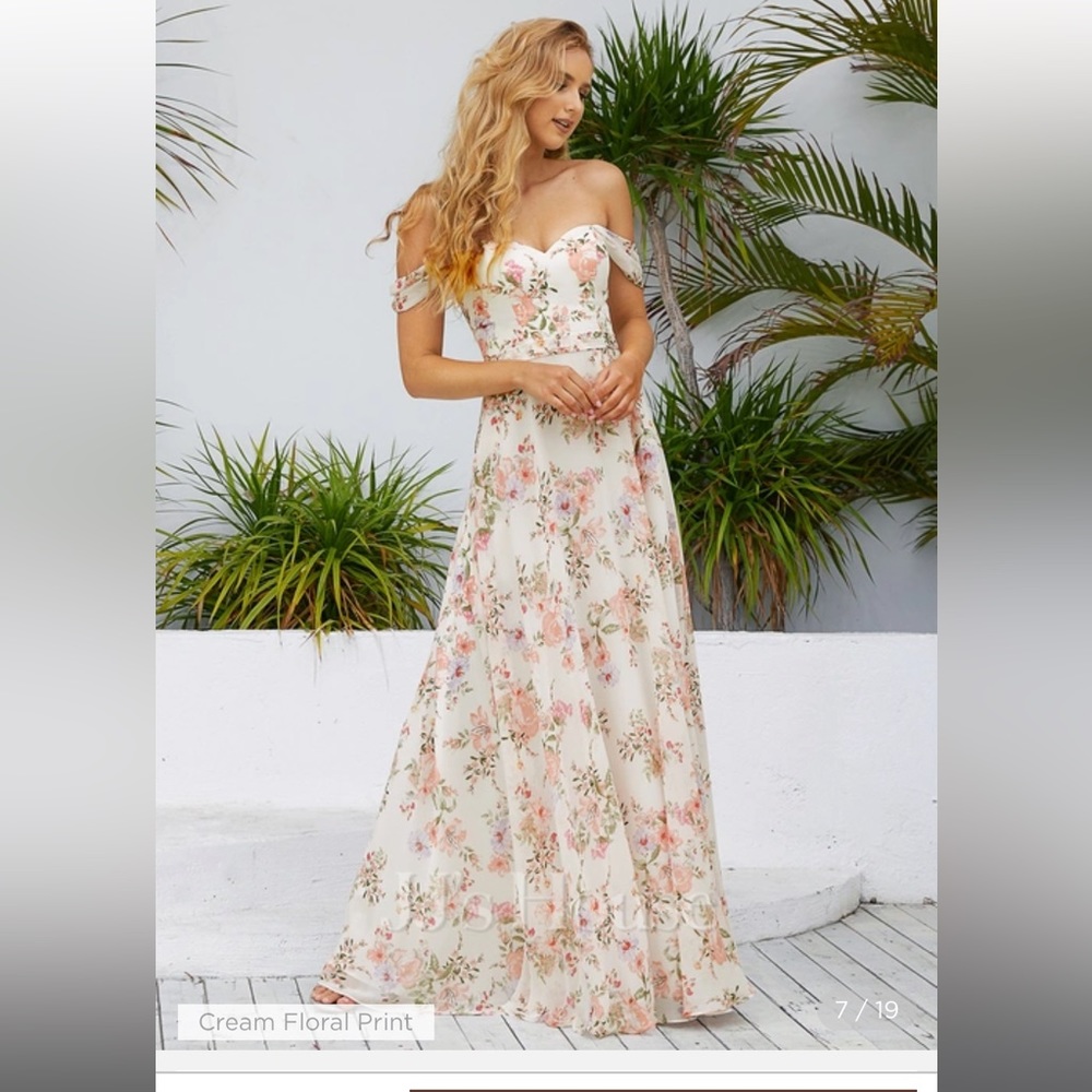 Unworn A-Line Off-The-Shoulder JJs House Floral Chiffon Dress